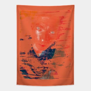 Portrait, digital collage and special processing. Man looking on us. Eyes. Smudged shapes. Orange and aquamarine. Tapestry