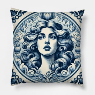 Delft Tile With Woman Face No.2 Pillow