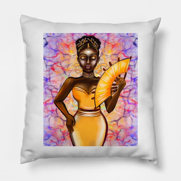 Queen Black is beautiful black girl with Gold earrings, necklace,  tiara, dress and fan with dark brown skin ! Pillow by Artonmytee