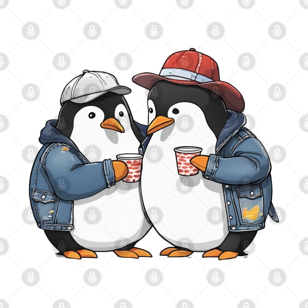 2 penguins wearing a denim jacket and hats holding cups by JnS Merch Store