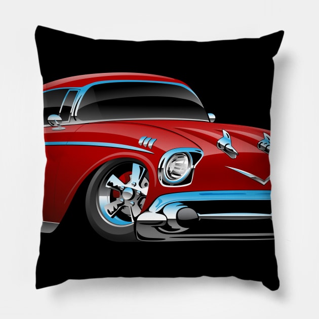 Classic hot rod 57 muscle car, low profile, big tires and rims, candy apple red cartoon Pillow by hobrath