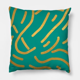 Teal Blue Gold colored abstract lines pattern Pillow