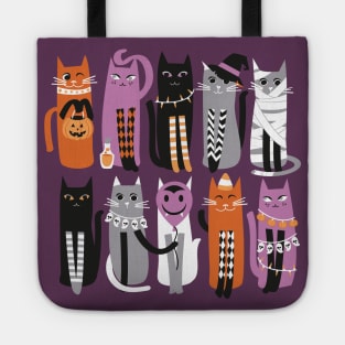 High Gothic Halloween Cats // print // purple background orange grey purple white and black kittens Tote