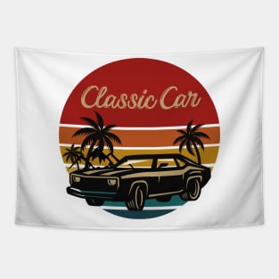 classic car retro  vintage aesthetic sunset circle with palms and mountains, gift for dad, retro designs for car lovers Tapestry