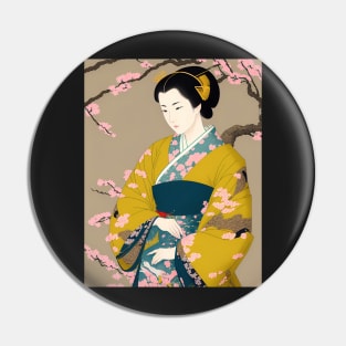 Ukiyo-e Japanese Art - Beautiful Woman Wearing Yellow Kimono Pin