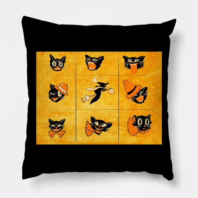 Vintage Style Halloween Cat Grid Pillow by Hillopurkki