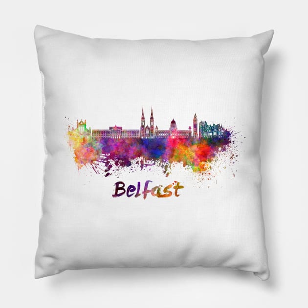 belfast skyline in watercolor Pillow by PaulrommerArt
