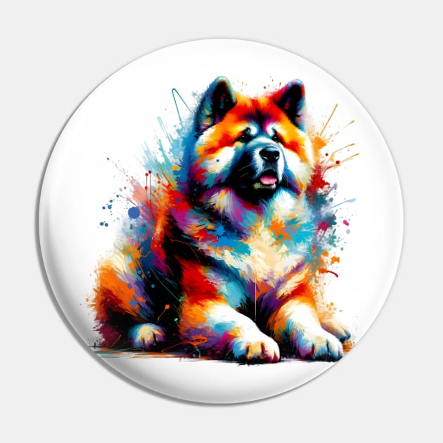 Colorful Akita in Expressive Splashed Paint Style Pin by ArtRUs