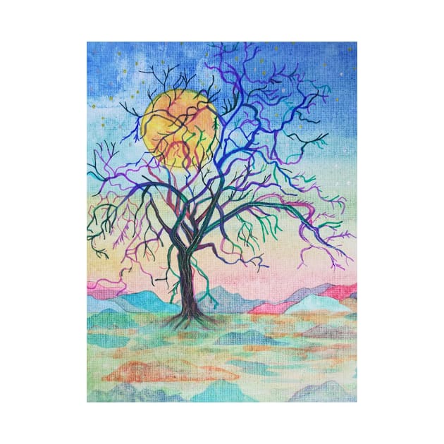 Rainbow tree landscape painting with a golden moon by esvb