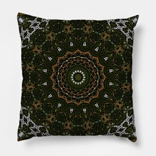 Mandala Kaleidoscope in Green, Copper, and White Pillow