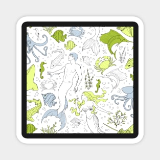 under the sea - white green seamless pattern Magnet