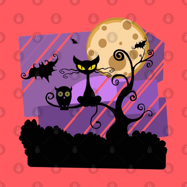 Halloween Night Owl & Cat & Bat by holidaystore