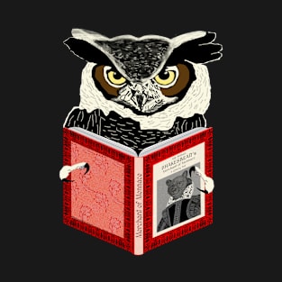 Owl reading a book called The Merchant Of Mennace T-Shirt