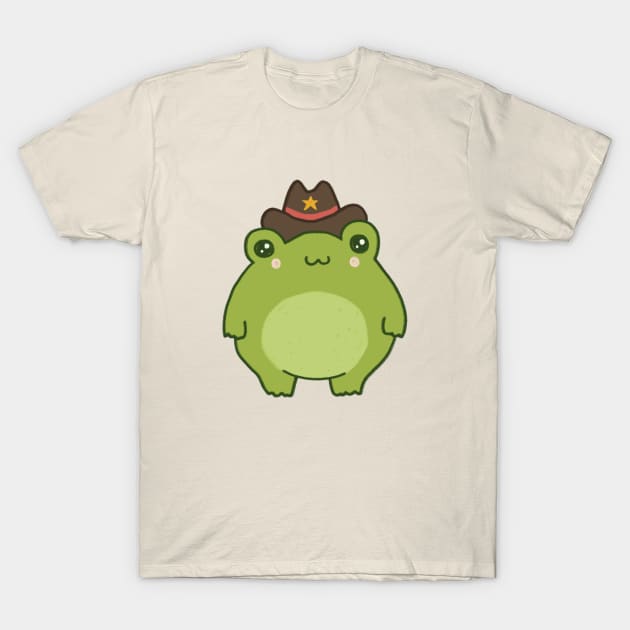 Kawaii Cowboy Frog - Cottagecore Aesthetic Toad with Sheriff Badge - Chubby Wild West Froge T-Shirt