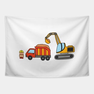 Kids drawing construction set dump truck with excavator and construction worker holding a map Tapestry