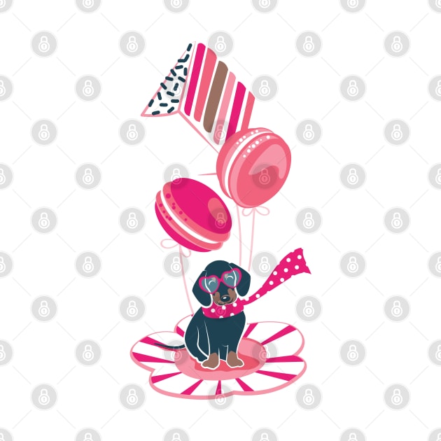 Pastel café sweet love dream // print // fuchsia pink pastry details blue dachshund dog puppy by SelmaCardoso