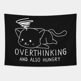 funny cat, Overthinking And Also Hungry white version Tapestry