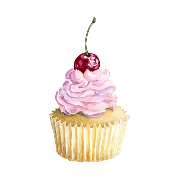 Pink watercolor cupcake with cherry by Simple Wishes Art