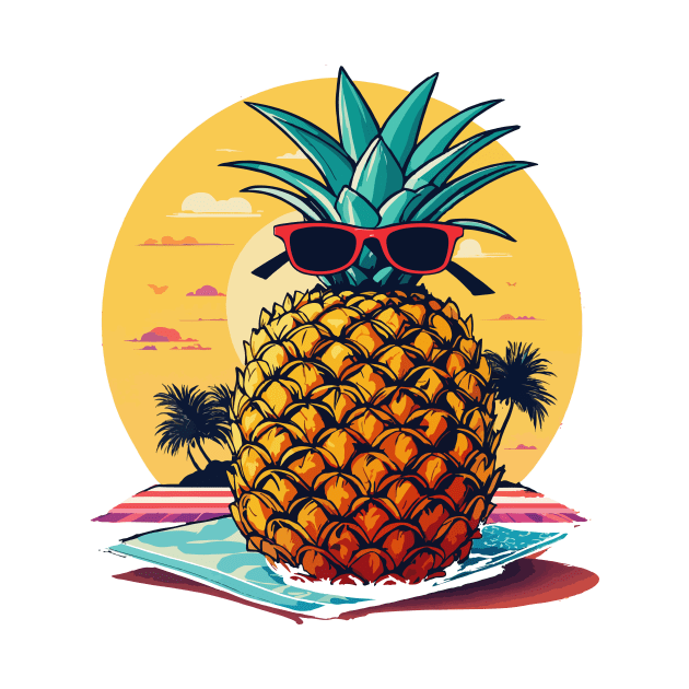 Simplistic pineapple wearing oversized sunglasses and chilling on a beach towel by GraphiTee Forge