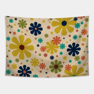 Flowerama - Retro Floral Pattern in Midcentury Modern Mustard, Olive, Orange, Teal, and Beige Tapestry