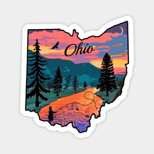 Ohio State Map Mountain Sunset River Fishing Retro Magnet