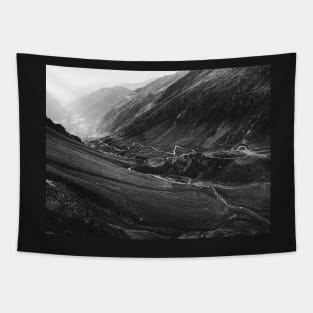 Black and White Shot of Swiss Alpine Road Winding Through Valley Tapestry