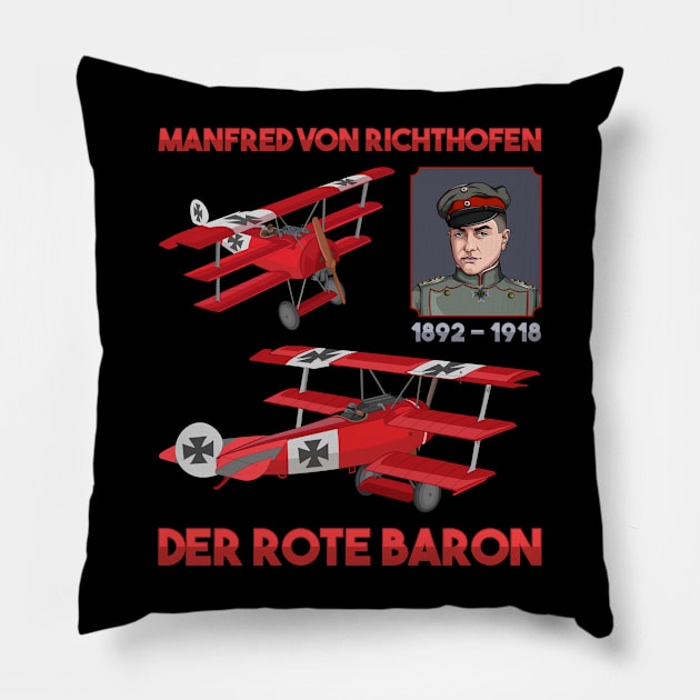 Red Baron Fokker DR1 Triplane WWI Fighter Ace Portrait Gift Pillow by Battlefields