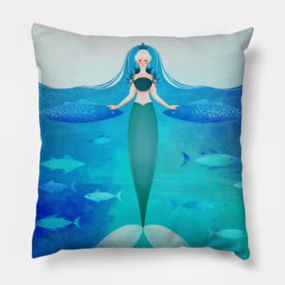 Arctic Ocean mermaid queen with blue and green fish Pillow