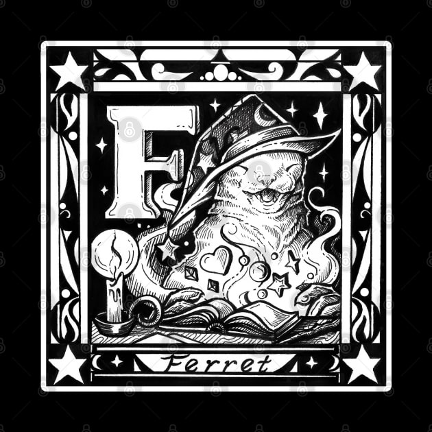 F is For Ferret - White Outline Design by Nat Ewert Art