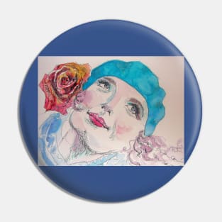 Girl with a Red Rose and Blue Beret Watercolor Pin