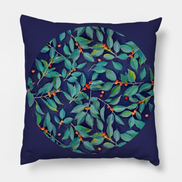 Leaves + Berries in Navy Blue, Teal & Tangerine Pillow by micklyn