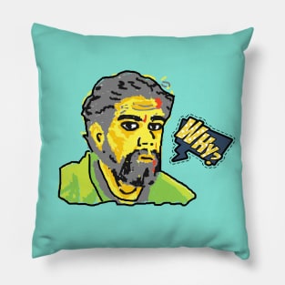 Drawing of a man with a beard saying why in yellow, green, black and gray, pop art style Pillow