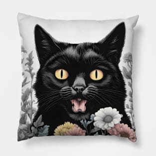 retro black cat flowers Pillow