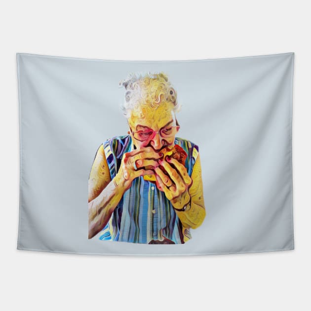 Dive In, Gram Devouring a Cheeseburger Tapestry by Green Bird Farms