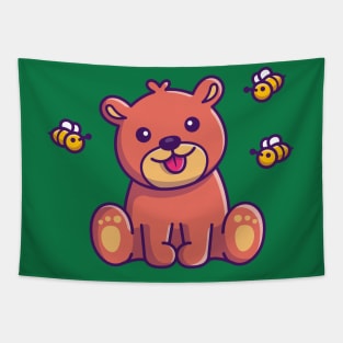 Cute Honey Bear With Bee Cartoon Tapestry