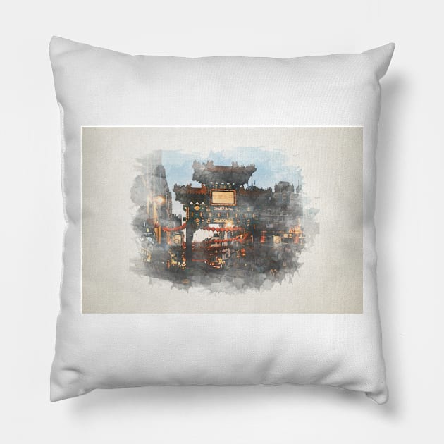 WATERCOLOR - China Town Pillow by noana