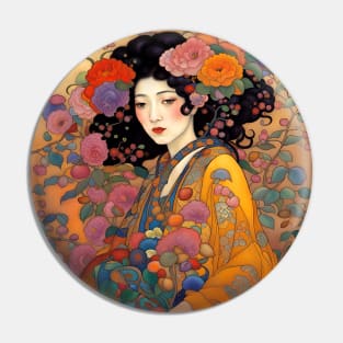 Asian Art Nouveau Woman Beauty with Flowers Pin