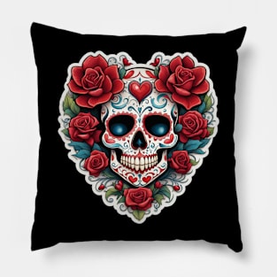 Valentine Blooms of Love: Sugar Skull on Heart of Flowers Pillow