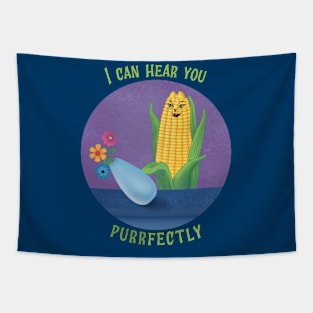 I Can Hear You Purrfectly – Corny Veggie Cat Cartoon Tapestry