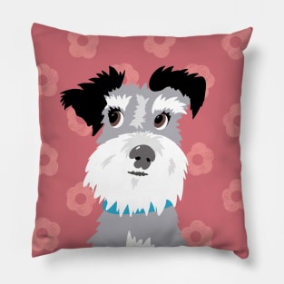 Salt and Pepper Miniature Schnauzer on Pink Daisy Background Pillow