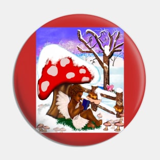 Snow covered mushroom covering Little bookworm angel boy cherub reading a book - tranquil winter scenery Pin