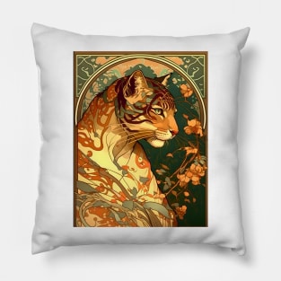 Vintage Art Nouveau Alphonse Mucha Inspired Tiger Design Pillow