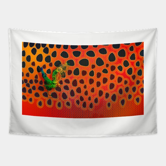 May Fly & Brown Trout Orange Gold Camo Tapestry by MikaelJenei