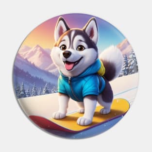 Cute Husky Dog on Snowboard Pin