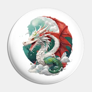 A dragon sitting on the cloud. surrounded by clouds and sky. Pin