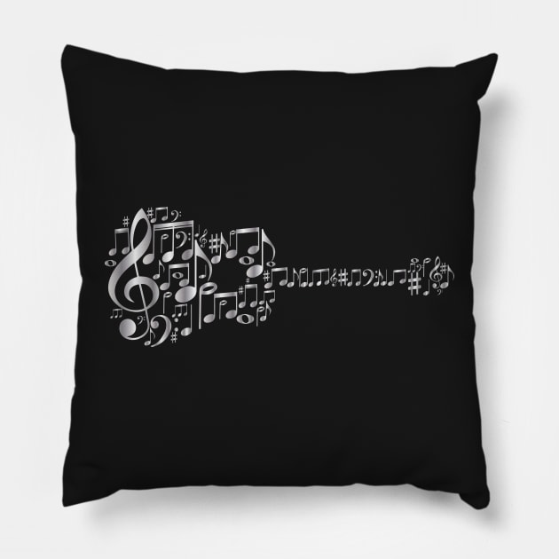 Creative Guitar Art - Acoustic Guitar In Metallic Music Notes - Silver Pillow by WIZECROW