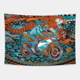 racing motor cycle illustration with eagle and traditional ornaments Tapestry