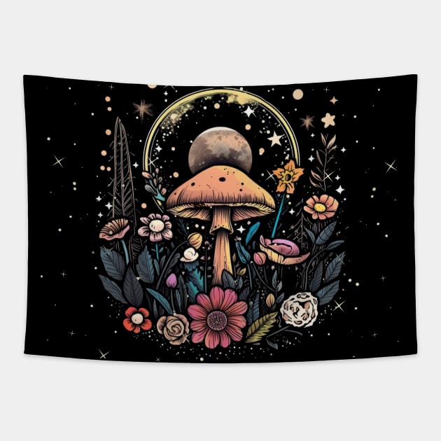 Mushroom Floral Moon Tapestry by ArtThrob Designs