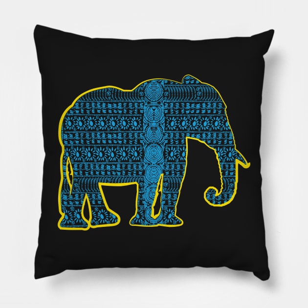 Blue Asian Elephant with Tribal pattern Pillow by pelagio
