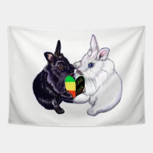 Reggae bunnies - bunny rabbits holding a love heart shape - pair of cute furry ebony and snow colored coloured lionhead bunny rabbit Tapestry